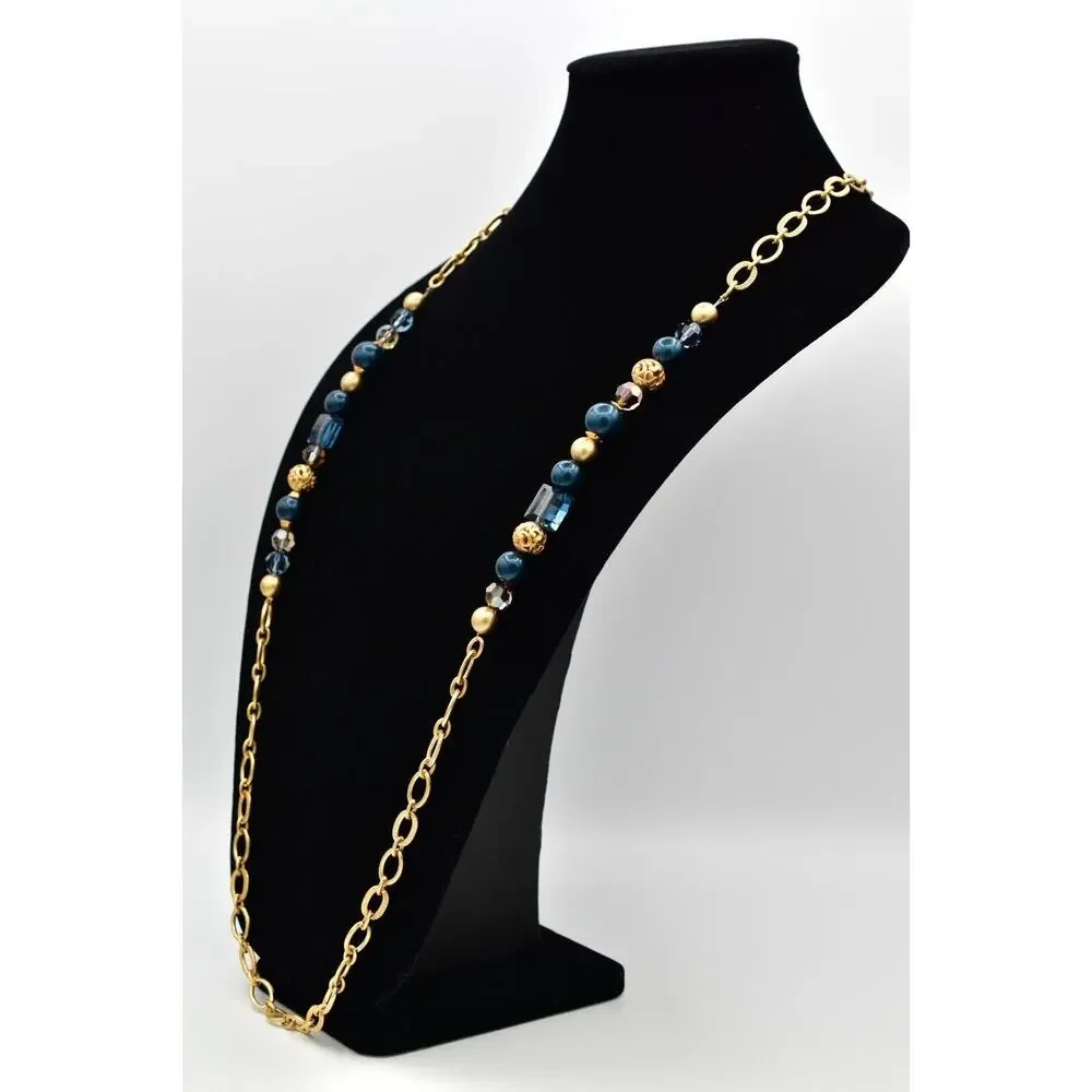 Brighton Chunky Station Necklace Brushed Gold Blue Crystal Contempo Belt BinBJ